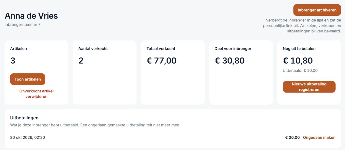 Een inbrenger in het dashboard, met wat er nog uitbetaald moet worden