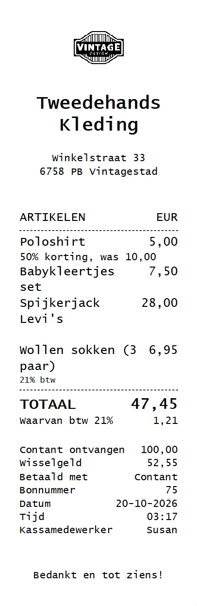 Een kassabon van EasyConsign met logo, artikelen, totaal en betaling